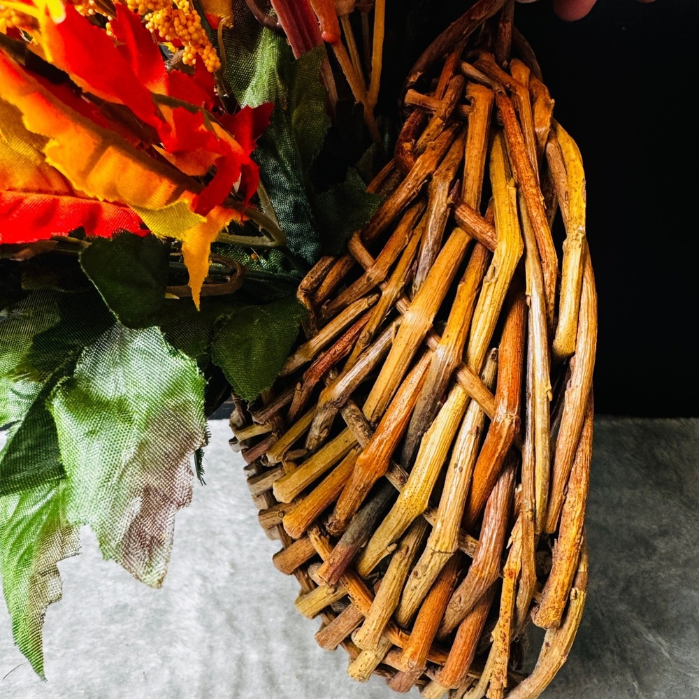 Fall Floral Arrangement Woven Twig Wall Basket Autumn Flowers Leaves Cottagecore - Picture 3 of 8